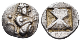 THRACO-MACEDONIAN REGION. Berge (previously Lete or Siris). Circa 525-480 BC. Trihemiobol or 1/8 Stater (Silver, 11 mm, 1.09 g). Satyr crouching to ri...