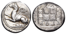 THRACE. Abdera. Circa 473/0-449/8 BC. Tetradrachm (Silver, 26.5 mm, 14.86 g, 3 h), struck under an uncertain magistrate (...el...utagores). Griffin sp...