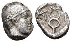THRACE. Ainos. Circa 458/7-455/4 BC. Diobol (Silver, 11 mm, 1.23 g, 7 h). Head of Hermes to right, wearing petasos. Rev. Α - Ι Kerykeion surmounted by...