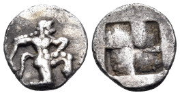 ISLANDS OFF THRACE, Thasos. Circa 500-480 BC. 1/8 Stater (Silver, 12 mm, 1.10 g). Ithyphallic satyr running to right. Rev. Quadripartite incuse square...