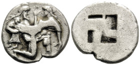 ISLANDS OFF THRACE, Thasos. Circa 480-463 BC. Stater (Silver, 21 mm, 5.86 g). Nude, ithyphallic satyr rushing to right in the archaic kneeling-running...