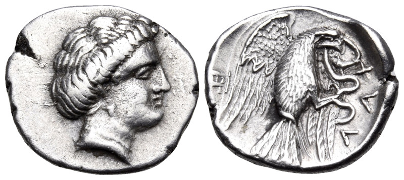 EUBOIA. Chalkis. Circa 338-308 BC. Drachm (Silver, 17 mm, 3.64 g, 12 h). Head of...