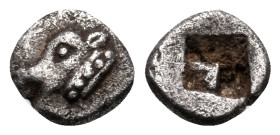 IONIA. Uncertain mint. Circa 550-500 BC. Tetartemorion (Silver, 5 mm, 0.23 g). Head of a calf to left, with his neck truncation marked off by a band o...