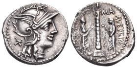 Ti. Minucius C.f. Augurinus, 134 BC. Denarius (Silver, 19 mm, 3.73 g, 11 h), Rome. Helmeted head of Roma to right; behind, X. Rev. RO-MA / TI MINVCI C...