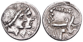 Mn. Fonteius, 108-107 BC. Denarius (Silver, 19 mm, 3.92 g, 12 h), Rome. Laureate and jugate heads of the Dioscuri to right. Rev. (MN) · FON(TE)I Galle...