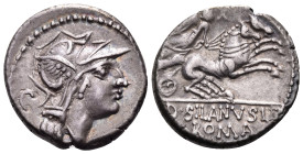 D. Silanus L.f, 91 BC. Denarius (Silver, 17 mm, 3.91 g, 6 h), Rome. Helmeted head of Roma to right; behind C. Rev. D · SILANVS L F / ROMA Victory in b...