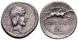 L. Calpurnius Piso Frugi, 90 BC. Denarius (Silver, 18 mm, 3.96 g, 6 h), Rome. Laureate head of Apollo right; behind, LXXXXVII. Rev. L · PISO · FRVGI H...