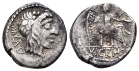 M. Porcius Cato, 89 BC. Quinarius (Silver, 14 mm, 1.97 g, 10 h), Rome. M C(AT)O Head of Liber to right, wearing ivy-wreath. Rev. VIC(TR)IX Victory sea...