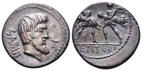 L. Titurius L.f. Sabinus, 89 BC. Denarius (Silver, 18 mm, 3.71 g, 6 h), Rome. SABIN Bare head of King Tatius to right; TA monogram to right. Rev. L · ...
