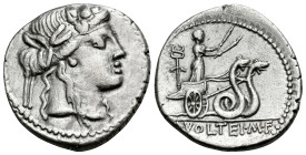 M. Volteius M.f., 78 BC. Denarius (Silver, 18 mm, 3.62 g, 6 h), Rome. Head of Liber to right, wearing ivy-wreath. Rev. M·VOLTEI·M·F Ceres in biga of s...