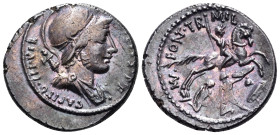 P. Fonteius P.f. Capito, 55 BC. Denarius (Silver, 18.5 mm, 4.21 g, 6 h), Rome. P • FONTEIVS • P • F • CAPITO • III • VIR Helmeted and draped bust of M...