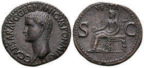 Gaius (Caligula), 37-41. As (Copper, 28 mm, 9.97 g, 6 h), Rome, 37-38. C CAESAR AVG GERMANICVS PON M TR POT Bare head of Gaius to left. Rev. VESTA / S...