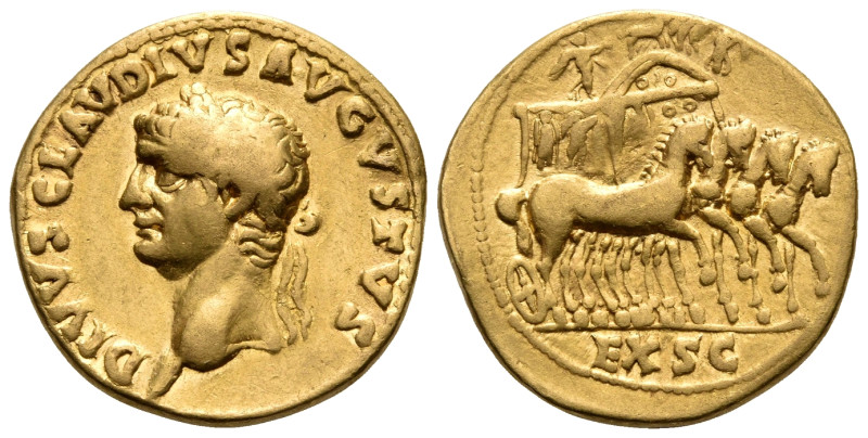 Divus Claudius, died 54. Aureus (Gold, 19 mm, 6.75 g, 1 h), Lugdunum, under Nero...