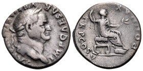 Vespasian, 69-79. Denarius (Silver, 18 mm, 3.23 g, 6 h), Rome, 74. IMP CAESAR VESPASIANVS AVG Laureate head of Vespasian to right. Rev. PONT MAX TR P ...