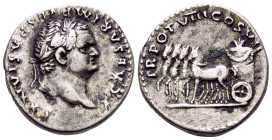 Titus, as Caesar, 69-79. Denarius (Silver, 17 mm, 3.90 g, 5 h), Rome. T CΛESΛR IMP VESPΛSIΛNVS Laureate head of Titus to right. Rev. TR POT VIII COS V...