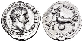 Titus, 79-81. Denarius (Silver, 20 mm, 2.95 g, 6 h), Rome, 79. IMP TITVS CAES VESPASIAN AVG P M Laureate head of Titus to right. Rev. TR P VIIII IMP X...