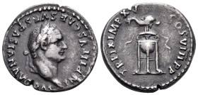 Titus, 79-81. Denarius (Silver, 17.5 mm, 3.22 g, 6 h), Rome, 80. IMP TITVS CAES VESPASIAN AVG P M Laureate head of Titus to right. Rev. TR P IX IMP XV...