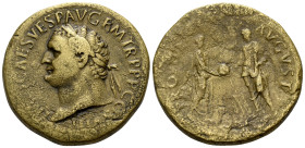 Titus, with Divus Vespasian, 79-81. Sestertius (Orichalcum, 24 mm, 24.21 g, 6 h), Rome, 80-81. IMP T CAES VESP AVG P M TR P P P COS VIII Laureate head...
