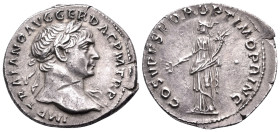 Trajan, 98-117. Denarius (Silver, 19 mm, 3.24 g, 6 h), Rome, c. 110. IMP TRAIANO AVG GE[R DAC P] M TR P Laureate bust of Trajan to right, slight drape...