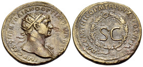 Trajan, 98-117. Dupondius (Orichalcum, 24 mm, 8.13 g, 6 h), Rome, for use in Syria, 116. IMP CAES NER TRAIANO OPTIMO AVG GERM Radiate and bust of Traj...