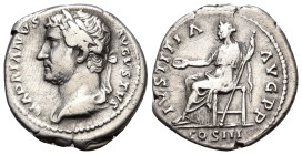 Hadrian, 117-138. Denarius (Silver, 19 mm, 2.88 g, 6 h), Rome, 129-130. HADRIANVS AVGVSTVS Laureate and draped bust of Hadrian to left. Rev. IVSTITIA ...