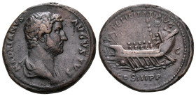 Hadrian, 117-138. As (Copper, 27 mm, 12.42 g, 7 h), Rome, 129-130. HADRIANVS AVGVSTVS Bare-headed and draped bust of Hadrian to right. Rev. FELICITATI...