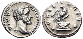 Divus Antoninus Pius, died 161. Denarius (Silver, 19 mm, 2.70 g, 5 h), struck under Marcus Aurelius and Lucius Verus, Rome, 161. DIVVS ANTONINVS Bare ...