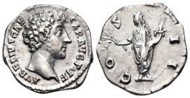 Marcus Aurelius, as Caesar, 139-161. Denarius (Silver, 19 mm, 2.87 g, 7 h), Rome, 145-147. AVRELIVS CAESAR AVG PII F Bare head of Marcus Aurelius to r...