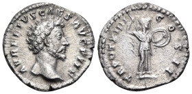 Marcus Aurelius, as Caesar, 139-161. Denarius (Silver, 18 mm, 2.79 g, 6 h), Rome, 159-160. AVRELIVS CAES AVG PII F Bare head of Marcus Aurelius to rig...