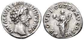 Marcus Aurelius, 161-180. Denarius (Silver, 17 mm, 3.05 g, 6 h), Rome, 161-162. IMP M AVREL ANTONINVS AVG Laureate head of Marcus Aurelius to right. R...