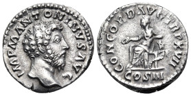 Marcus Aurelius, 161-180. Denarius (Silver, 18 mm, 2.86 g, 12 h), Rome, 162-163. IMP M ANTONINVS AVG Laureate head of Marcus Aurelius to right. Rev. C...