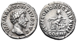 Marcus Aurelius, 161-180. Denarius (Silver, 18 mm, 2.80 g, 12 h), Rome, 162-163. IMP M ANTONINVS AVG Laureate head of Marcus Aurelius to right. Rev. C...
