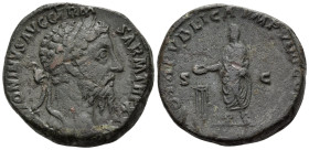 Marcus Aurelius, 161-180. Sestertius (Orichalcum, 28 mm, 22.83 g, 11 h), Rome. M ANTONINVS AVG GERM SARM TR P XXXI Laureate head of Marcus Aurelius to...