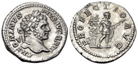Caracalla, 198-217. Denarius (Silver, 20 mm, 3.53 g, 6 h), Rome, 213. ANTONINVS PIVS AVG BRIT Laureate head of Caracalla to right. Rev. PROFECTIO AVG ...