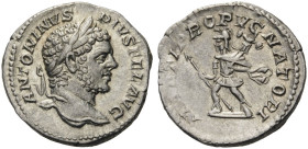 Caracalla, 198-217. Denarius (Silver, 18 mm, 3.35 g, 12 h), Rome, 213. ANTONINVS PIVS FEL AVG Laureate head of Caracalla to right. Rev. MARTI PROPVGNA...