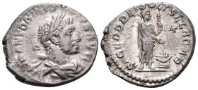 Elagabalus, 218-222. Denarius (Silver, 19 mm, 3.51 g, 7 h), Rome, 222. IMP ANTONINVS PIVS AVG Laureate and draped bust of Elagbalus to right. Rev. SAC...
