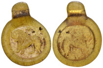 EASTERN MEDITERRANEAN. 4th century. (Glass, 27 mm, 2.67 g). Lion walking to left; above, star and crescent; all in relief on a translucent amber disk ...