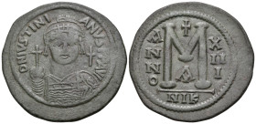 Justinian I, 527-565. Follis (Bronze, 41 mm, 22.38 g, 6 h), Nicomedia, 1st officina (A), year 13 = 538-539. D N IVSTINI-ANVS P P AVG Helmeted, diademe...
