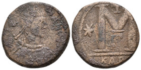 Justinian I, 527-565. Follis (Bronze, 24 mm, 10.13 g, 6 h), Carthage, 3rd officina (Γ), 533-538. Diademed, draped and cuirassed bust of Justinian I to...