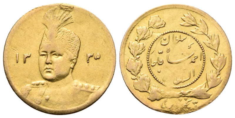 IRAN, Qajars. Ahmad Shah, AH 1327-1344 / AD 1909-1925. 1/2 Toman (Gold, 16.5 mm,...