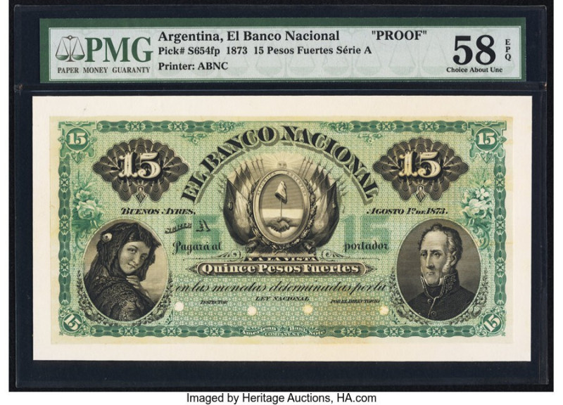 Argentina Banco Nacional 15 Pesos Fuertes 1.8.1873 Pick S654fp Proof PMG Choice ...