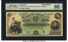 Argentina Banco Nacional 200 Pesos 5.11.1881 Pick S702s Specimen PMG Gem Uncirculated 66 EPQ. Two POCs are present on this example. 

HID09801242017

...