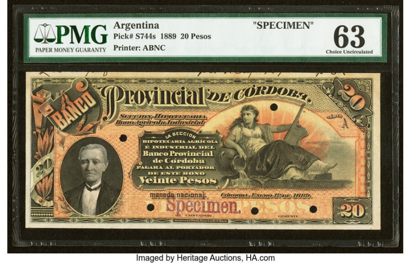 Argentina Banco Provincial de Cordoba 20 Pesos 1889 Pick S744s Specimen PMG Choi...