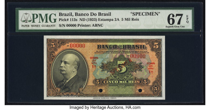 Brazil Banco do Brasil 5 Mil Reis 8.1.1923 Pick 113s Specimen PMG Superb Gem Unc...