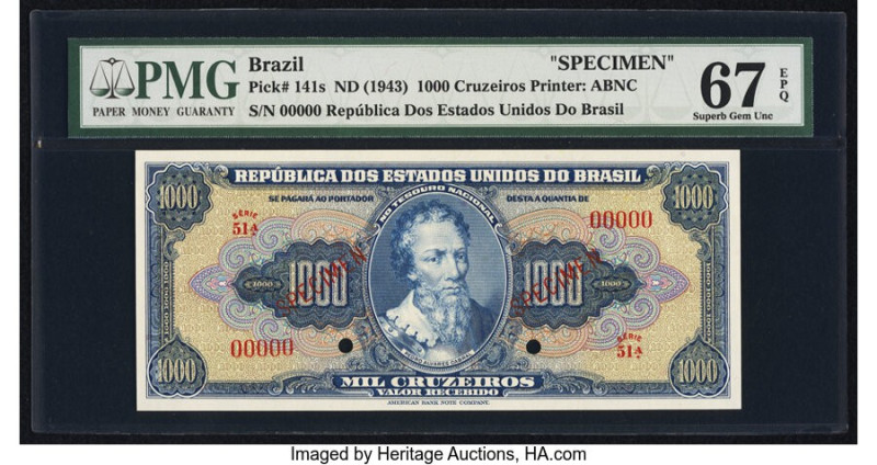 Brazil Tesouro Nacional 1000 Cruzeiros ND (1943) Pick 141s Specimen PMG Superb G...