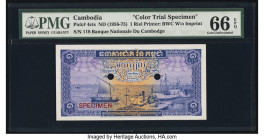 Cambodia Banque Nationale du Cambodge 1 Riel ND (1956-75) Pick 4cts Color Trial Specimen PMG Gem Uncirculated 66 EPQ. Two POCs are present on this exa...