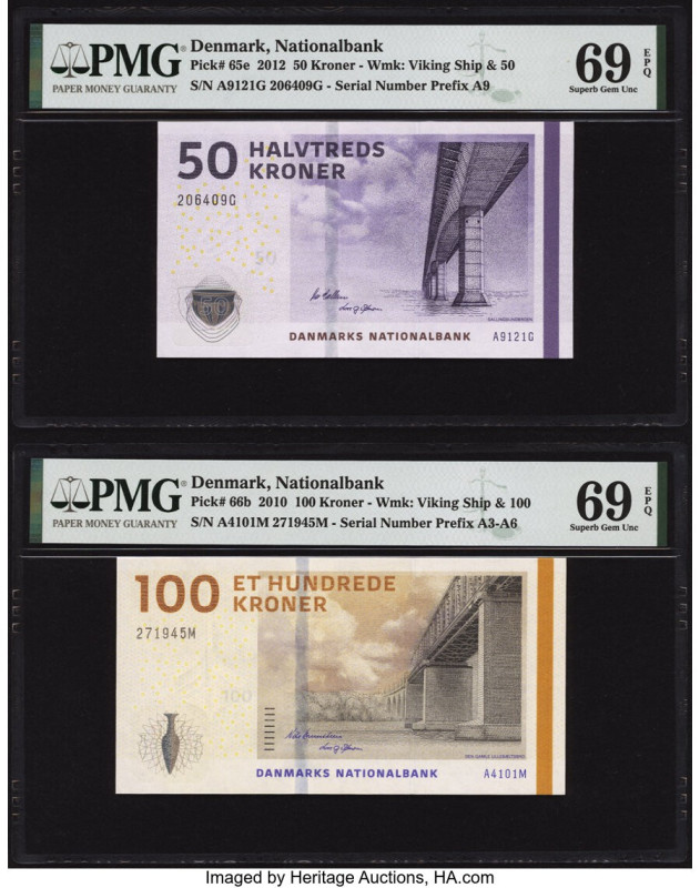 Denmark National Bank 50; 100 Kroner 2012; 2010 Pick 65e; 66b Two Examples PMG S...