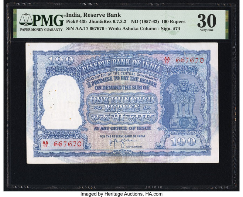 India Reserve Bank of India 100 Rupees ND (1957-62) Pick 43b Jhun6.7.3.2 PMG Ver...