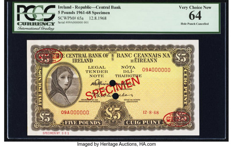 Ireland - Republic Central Bank of Ireland 5 Pounds 12.8.1968 Pick 65as Specimen...