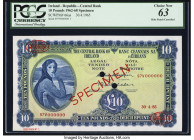 Ireland - Republic Central Bank of Ireland 10 Pounds 30.4.1965 Pick 66as Specimen PCGS Choice New 63. Minor mounting remnants and two POCS are noted o...